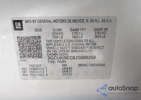 2018 Chevrolet Silverado 1500 2Lt из США, поврежденный, VIN 3GCUKREC6JG599258